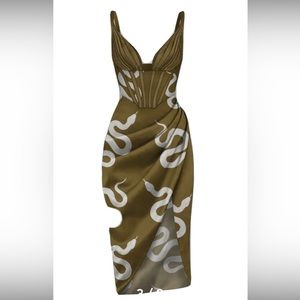 Averie Corina Draped Midi Dress Snake Print Olive Bronze Brand New (Retail $165)
